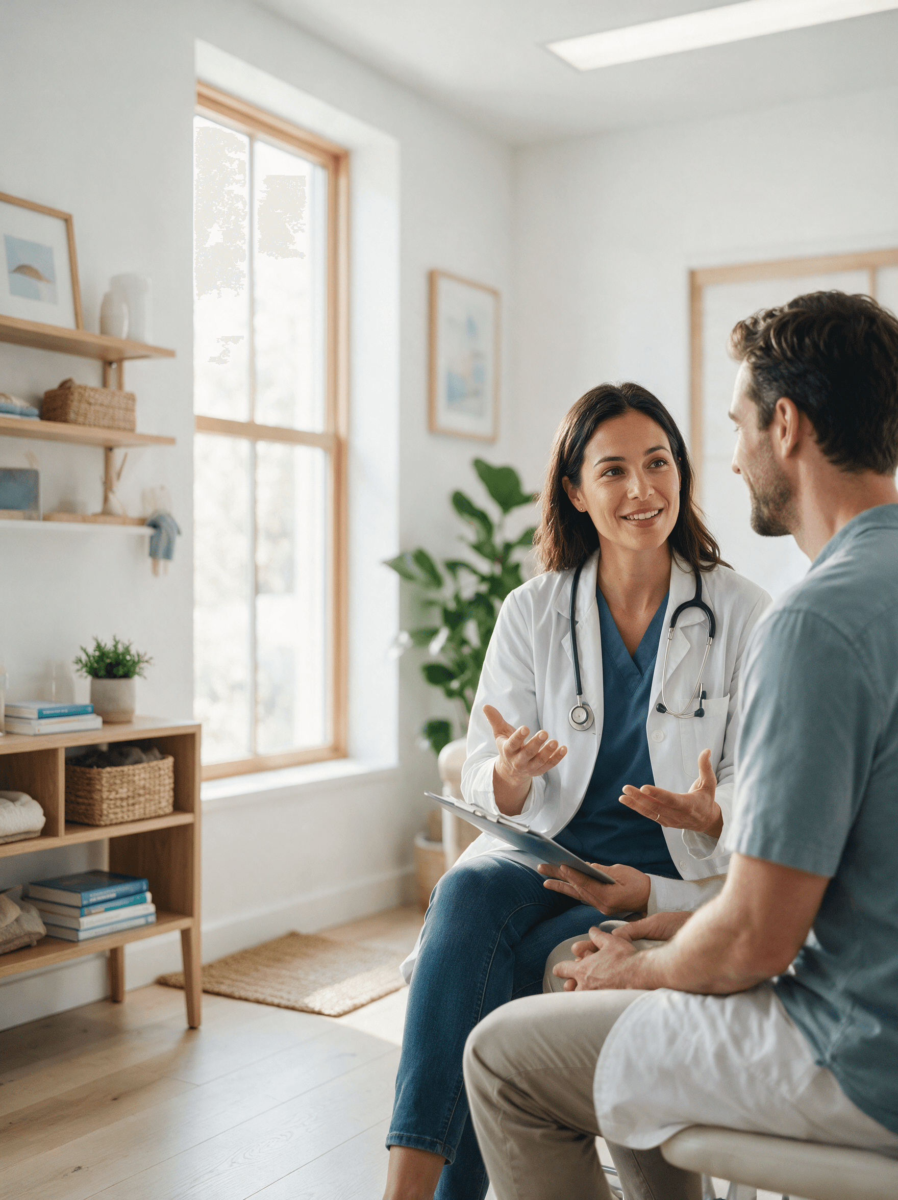 Doctor consulting with a patient in a bright, calm exam room