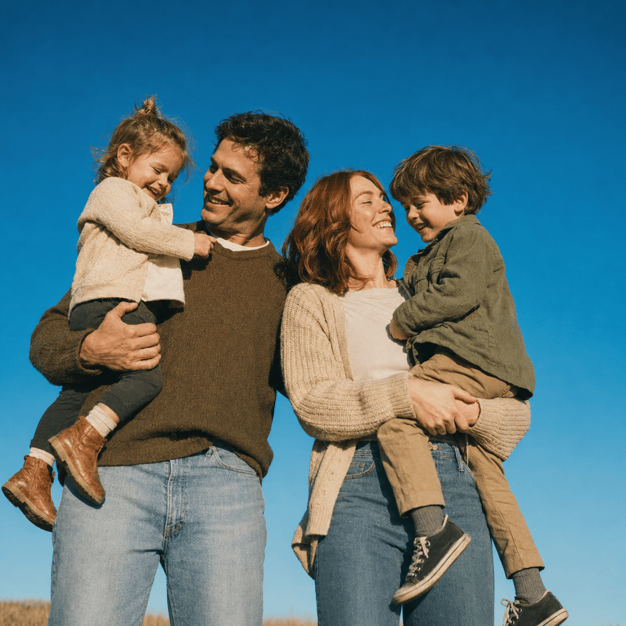 A Texas family smiling together under a clear blue sky